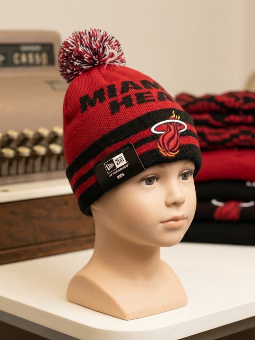 New Era Miami Heat Black Pop Knit Beanie with Pom Hat Cap - Black
